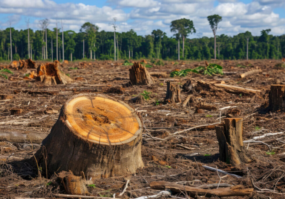 deforested area. The trees have been cut down, and there are stumps and logs everywhere