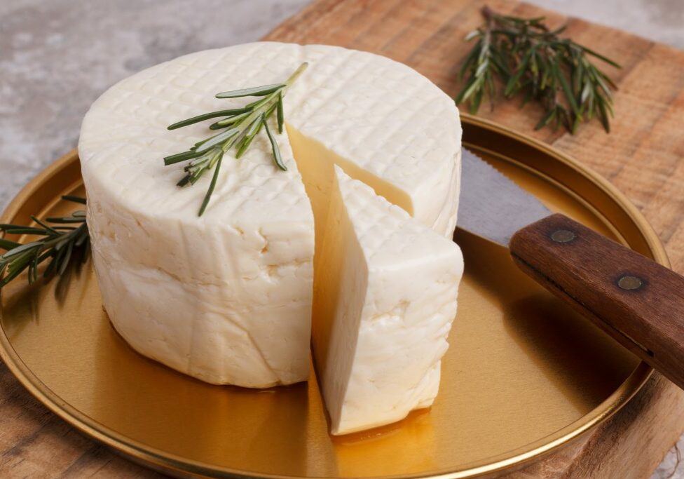 Wheel of brazilian traditional cheese Minas on wooden board. Selective focus